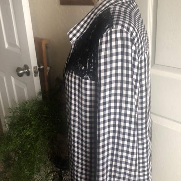Gingham Black and White Blouse. Black Lace over Bodice. 100% Rayon, so comfy. - Picture 2 of 3